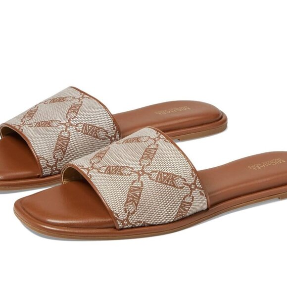 NEW MICHAEL KORS Hayworth Empire Logo Jacquard Slide Sandal Brown Size 9 - Picture 4 of 4